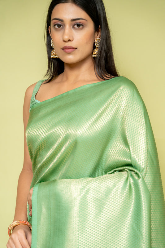 Mint Green Banarasi Silk Saree With Unstitched Blouse
