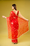 Red Chiffon Embroidered Saree With Unstitched Blouse