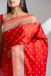 Red Banarasi Silk Saree With Unstitched Blouse