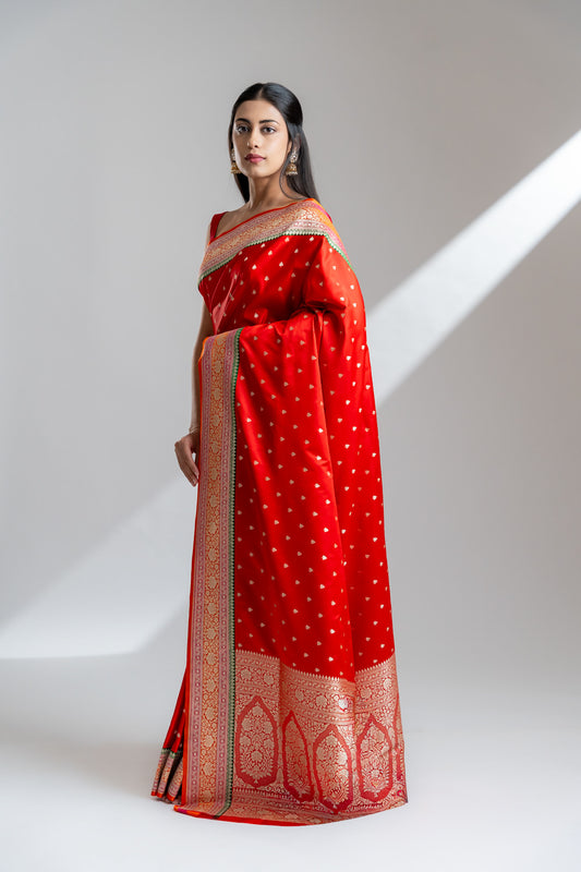 Red Banarasi Silk Saree With Unstitched Blouse