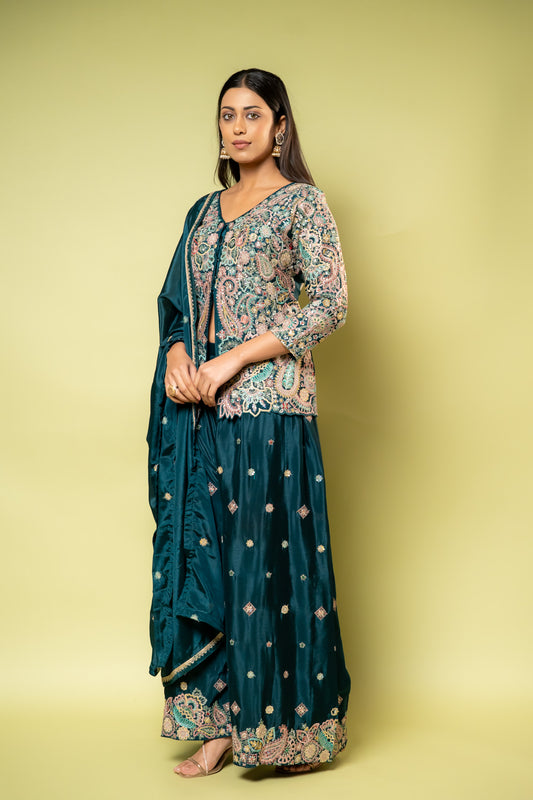 Peacock Chinon Readymade Sharara Set With Chinon Dupatta