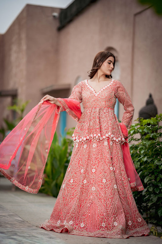Coral Short Top Net Lehenga Set With Net Dupatta