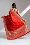Red Banarasi Silk Saree With Unstitched Blouse
