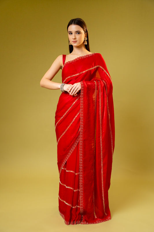 Red Organza Embroidered Saree With Unstitched Blouse