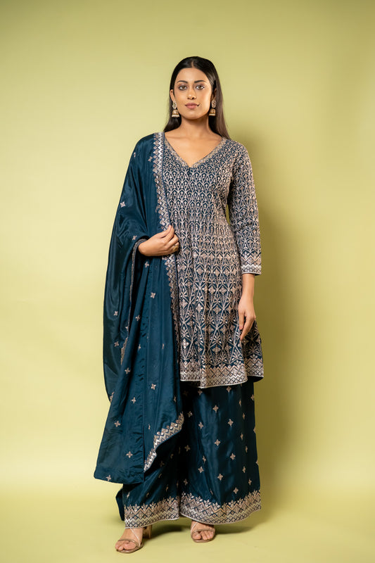 Peacock Chinon Readymade Sharara Set With Chinon Dupatta