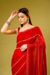 Red Organza Embroidered Saree With Unstitched Blouse