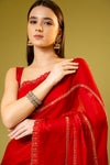 Red Organza Embroidered Saree With Unstitched Blouse