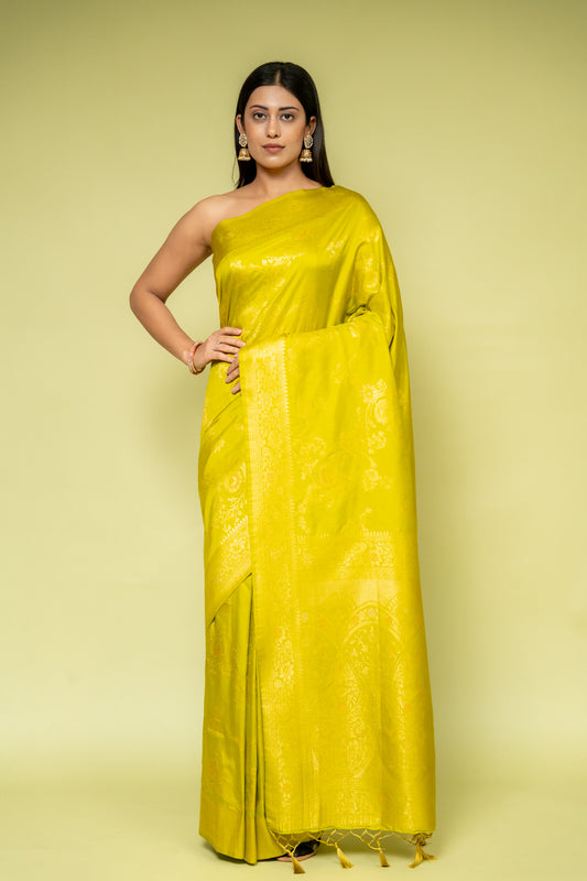 Pista Banarasi Silk Saree With Unstitched Blouse