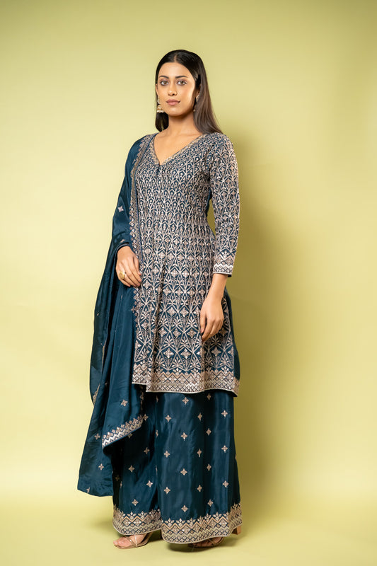 Peacock Chinon Readymade Sharara Set With Chinon Dupatta