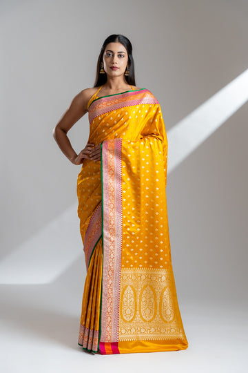 Mustard Banarasi Silk Saree With Unstitched Blouse