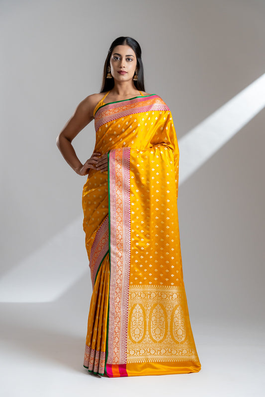 Mustard Banarasi Silk Saree With Unstitched Blouse