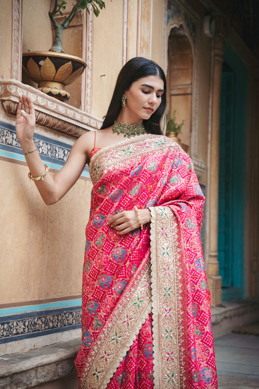 Rani Banarasi Silk Embroidered Saree With Unstitched Blouse