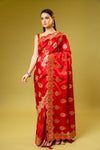 Red Banarasi Silk Embroidered Saree With Unstitched Blouse