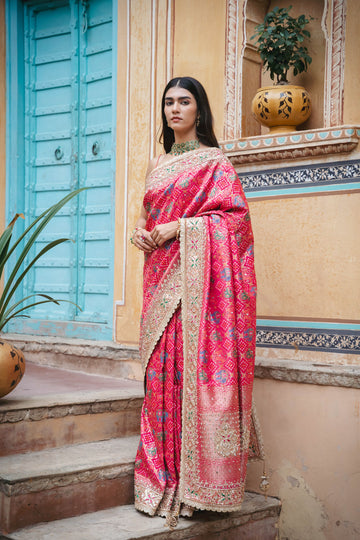 Rani Banarasi Silk Embroidered Saree With Unstitched Blouse