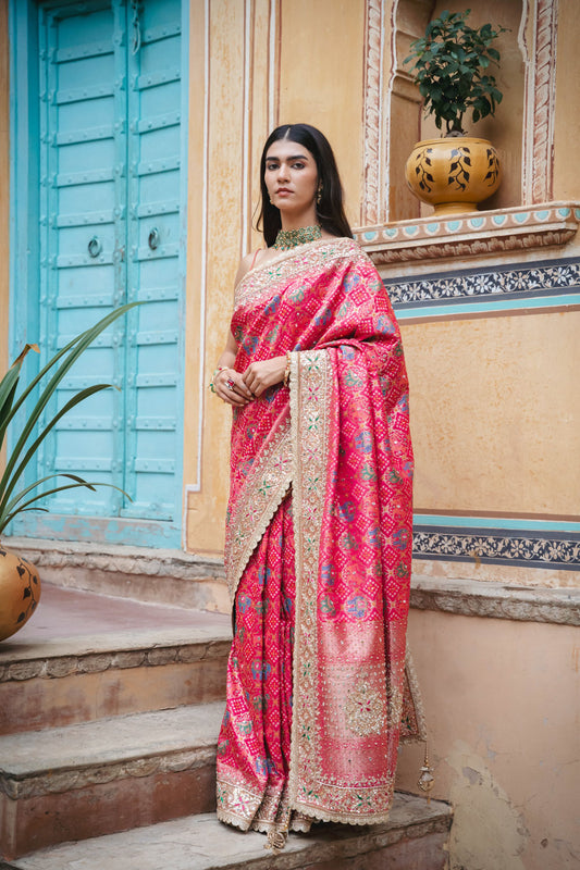 Rani Banarasi Silk Embroidered Saree With Unstitched Blouse