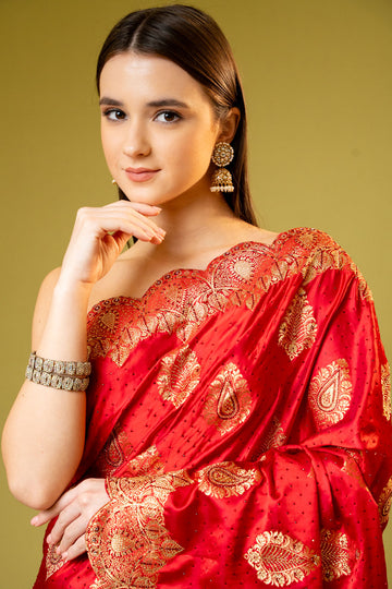 Red Banarasi Silk Embroidered Saree With Unstitched Blouse