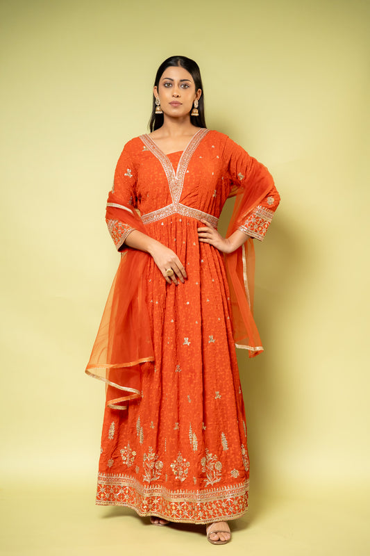 Rust Georgette Floor Length Readymade Suit With Net Dupatta