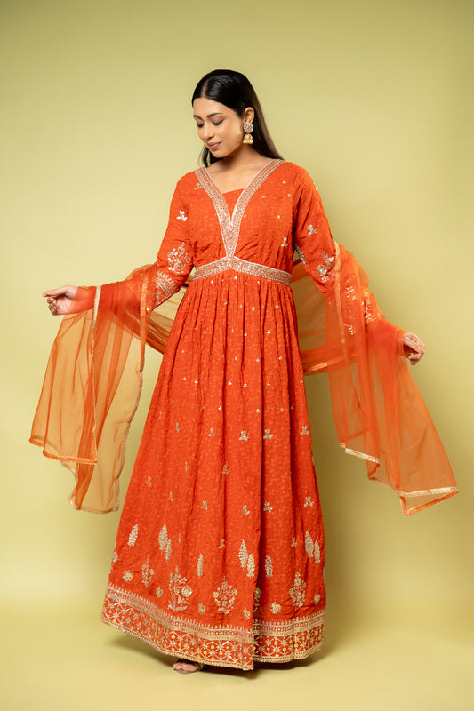 Rust Georgette Floor Length Readymade Suit With Net Dupatta