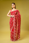 Red Georgette Embroidered Saree With Unstitched Blouse