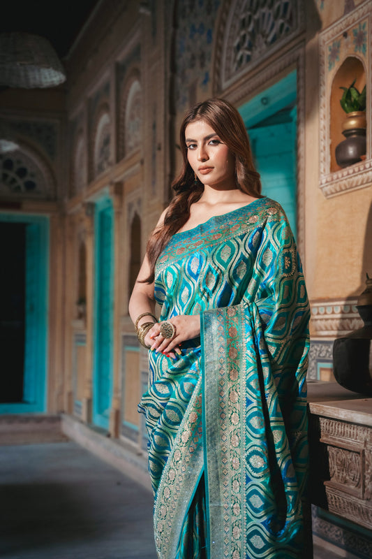 Soft Hues Rama Banarasi Silk Saree With Unstitched Blouse