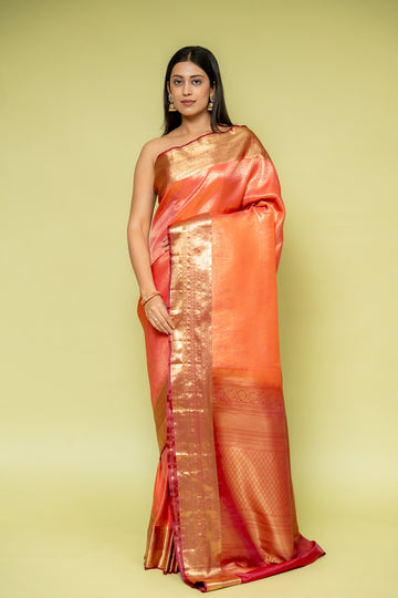 Rust Banarasi Silk Saree With Unstitched Blouse