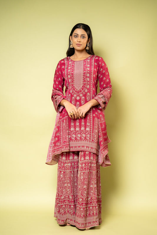 Maroon Crepe Readymade Sharara Set With Crepe Dupatta