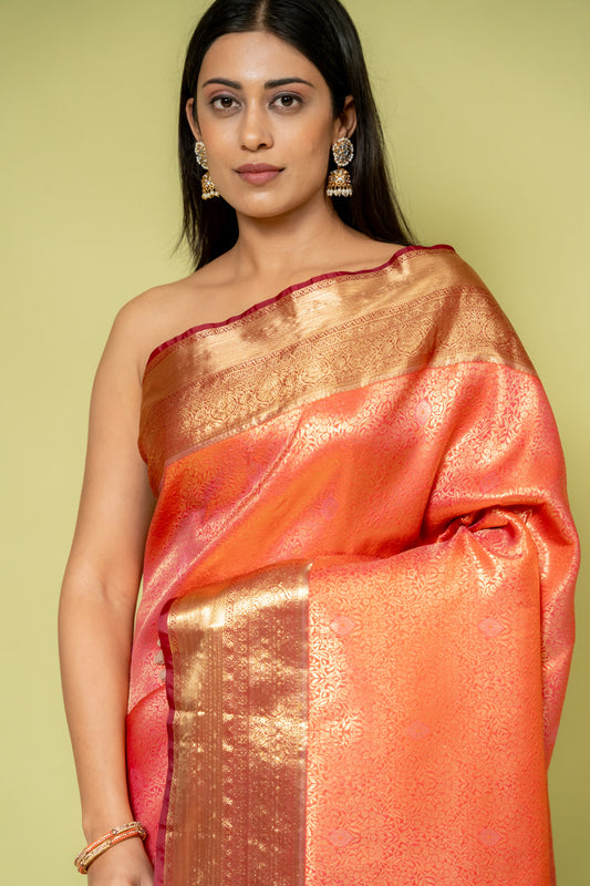 Rust Banarasi Silk Saree With Unstitched Blouse