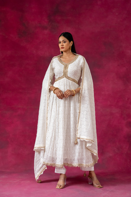 White Georgette Embroidered Readymade Suit With Georgette Dupatta