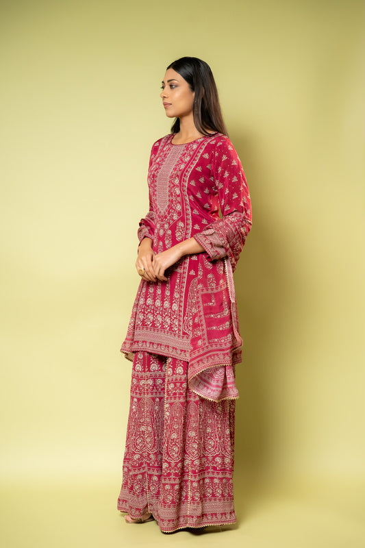 Maroon Crepe Readymade Sharara Set With Crepe Dupatta