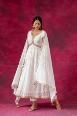 White Georgette Embroidered Readymade Suit With Dupatta