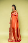 Rust Banarasi Silk Saree With Unstitched Blouse