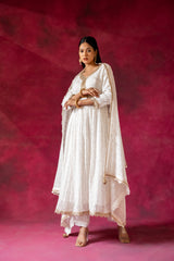 White Georgette Embroidered Readymade Suit With Dupatta