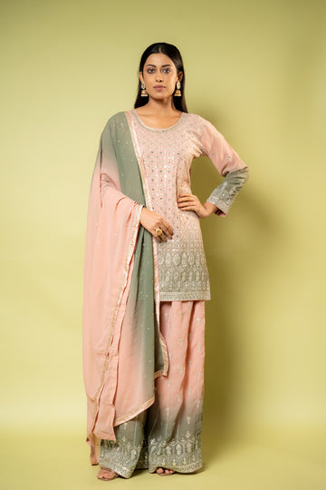 Peach Georgette Readymade Sharara Set With Georgette Dupatta