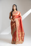 Maroon Mustard Organza Embroidered Saree With Unstitched Blouse