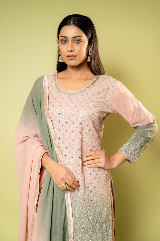 Peach Georgette Readymade Sharara Set With Georgette Dupatta