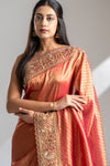 Maroon Mustard Organza Embroidered Saree With Unstitched Blouse