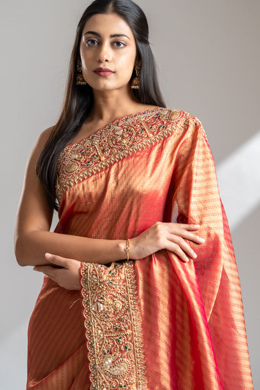 Maroon Mustard Organza Embroidered Saree With Unstitched Blouse