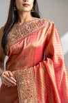 Maroon Mustard Organza Embroidered Saree With Unstitched Blouse