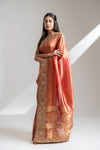 Maroon Mustard Organza Embroidered Saree With Unstitched Blouse