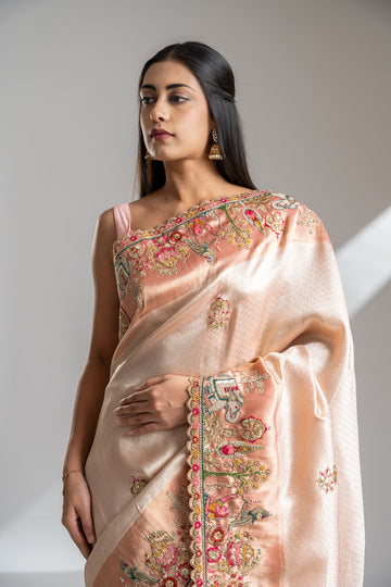 Peach Banarasi Silk Saree With Unstitched Blouse