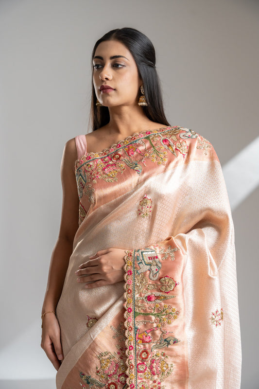 Peach Banarasi Silk Saree With Unstitched Blouse