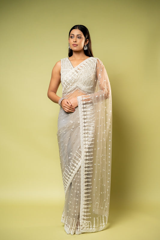 Chikoo Net Embroidered Saree With Readymade Blouse