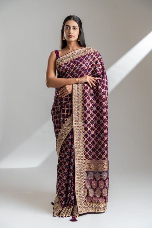 Wine Khaddi Georgette Embroidered Saree With Unstitched Blouse