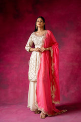 Off White Georgette Readymade Sharara Set With Organza Dupatta