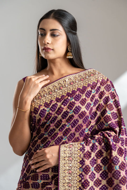 Wine Khaddi Georgette Embroidered Saree With Unstitched Blouse