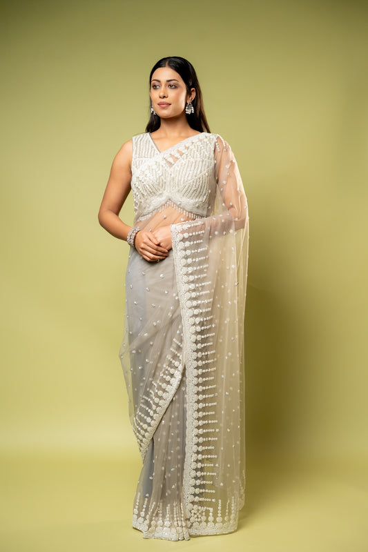 Grey Net Embroidered Saree With Readymade Blouse