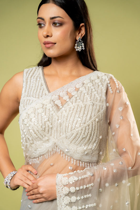Grey Net Embroidered Saree With Readymade Blouse