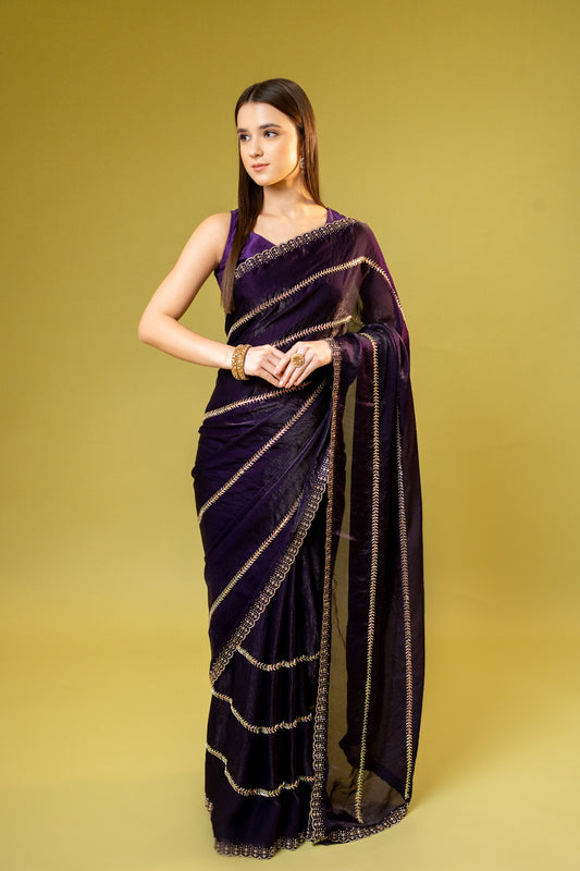 Wine Organza Embroidered Saree With Unstitched Blouse