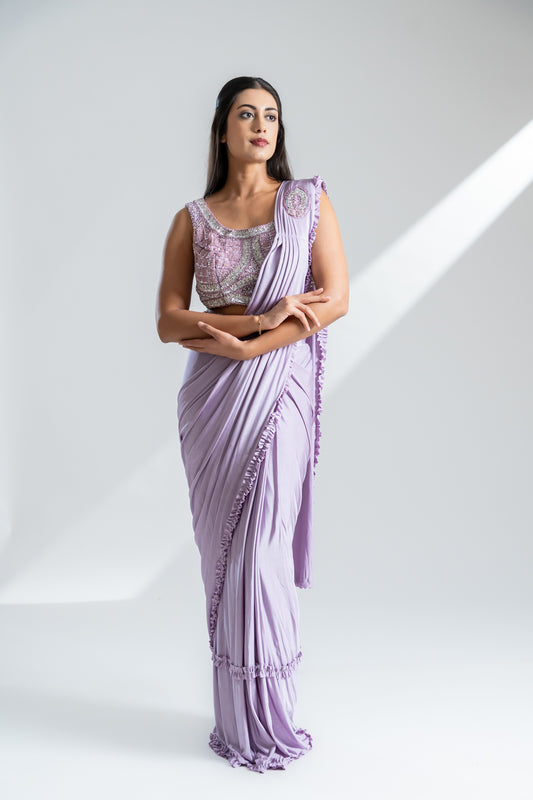 Mauve Lycra Pre-Draped Designer Saree With Readymade Blouse