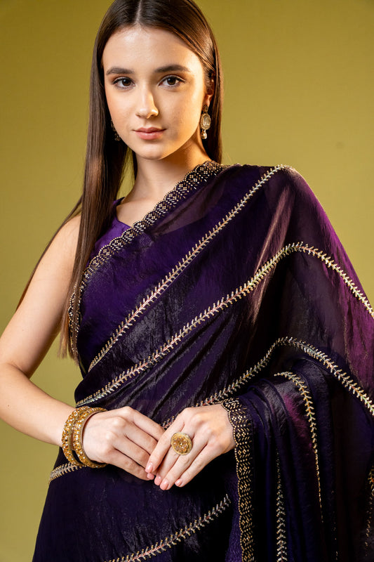 Wine Organza Embroidered Saree With Unstitched Blouse